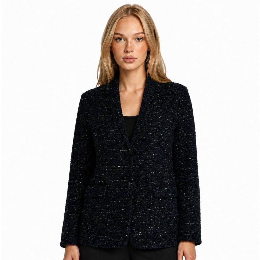 St. John Knit Jacket Women's Size 16 Navy Bouclé Tweed Wool Blend Blazer